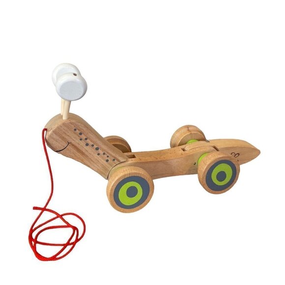 Hape Wooden Walk Along Pull Toy Snail Worm Wobbly Eyes Wheels Kids - Picture 1 of 9